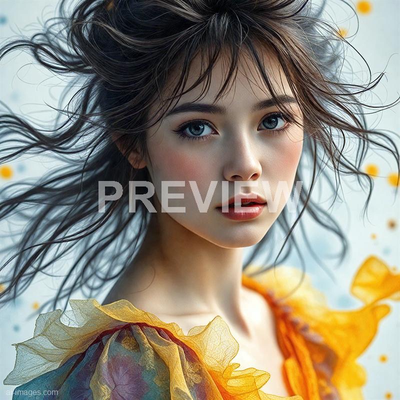 A close-up portrait of a young woman with striking blue eyes, light makeup, and soft, natural lips. Her dark, wavy hair is tousled and flowing around her face, creating a dynamic and lively effect. She is wearing a vibrant, textured garment with shades of yellow, orange, and hints of blue, which adds a splash of color to the background filled with small yellow dots and a soft, blurred backdrop.